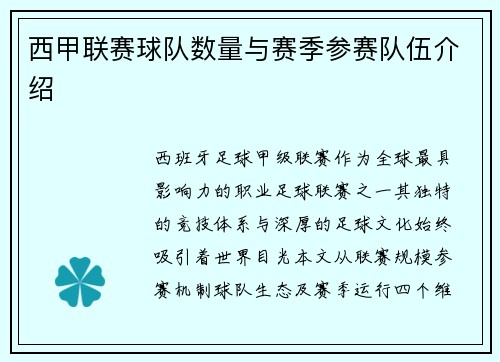 西甲联赛球队数量与赛季参赛队伍介绍