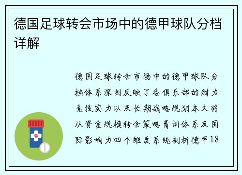 德国足球转会市场中的德甲球队分档详解
